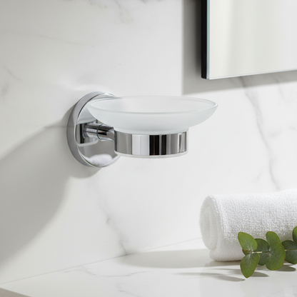 KAY SEVEN soap Dish Holder for Bathroom soap case Stand sabu dani wash Basin soap Holders Glass soap Dish Holder Glass soap Tray for Bathroom (202 Stainless Steel,Chrome Finish)(FROSTED ROUND SOAP DISH HOLDER)