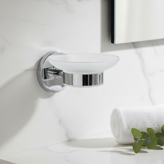 KAY SEVEN soap Dish Holder for Bathroom soap case Stand sabu dani wash Basin soap Holders Glass soap Dish Holder Glass soap Tray for Bathroom (202 Stainless Steel,Chrome Finish)(FROSTED ROUND SOAP DISH HOLDER)