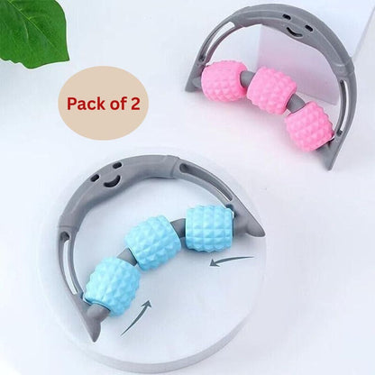 Two handheld massagers with pink and blue roller balls on a white background.