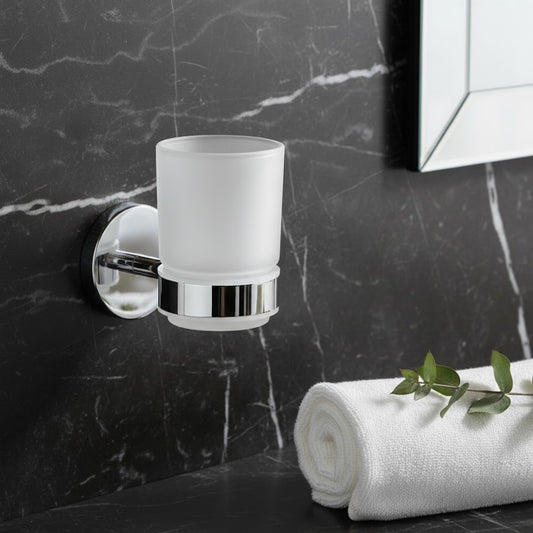 KAY SEVEN Tumbler Holder Stand Bathroom Glass Toothbrush Holder Tumbler Stand Toothpaste Tumbler Holder for Bathroom Accessories Toothbrush Stand(202 Stainless Steel,Frosted Glass)(FROSTED ROUND GLASS TUMBLER HOLDER)