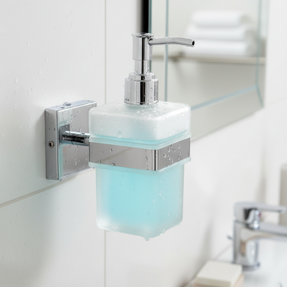 KAY SEVEN Liquid soap Dispenser Holder for Bathroom Glass handwash Dispenser soap Dispenser for wash Basin Liquid Dispense(Chrome Finish,Anti-Rust)(FROSTED SQUARE SOAP DISPENSER HOLDER)