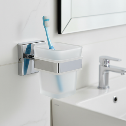 KAY SEVEN Tumbler Holder Stand Bathroom Glass Toothbrush Holder Tumbler Stand Toothpaste Holder for Bathroom Accessories Toothbrush Stand(202 Stainless Steel,Frosted Glass)(FROSTED SQUARE GLASS TUMBLER HOLDER)