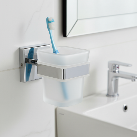 KAY SEVEN Tumbler Holder Stand Bathroom Glass Toothbrush Holder Tumbler Stand Toothpaste Holder for Bathroom Accessories Toothbrush Stand(202 Stainless Steel,Frosted Glass)(FROSTED SQUARE GLASS TUMBLER HOLDER)