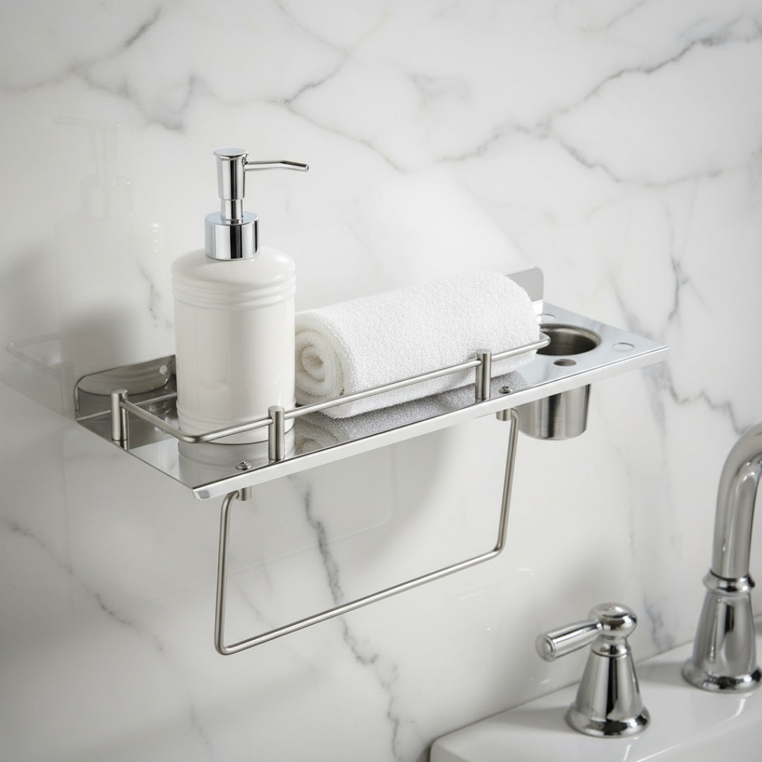 KAY SEVEN Stainless Steel 3 in 1 Multipurpose Bathroom Shelf/Rack/Towel Hanger/Tumbler Holder/Bathroom Accessories (15 x 6 Inches)(SS BATHROOM 3 IN 1 SHELF 15'')