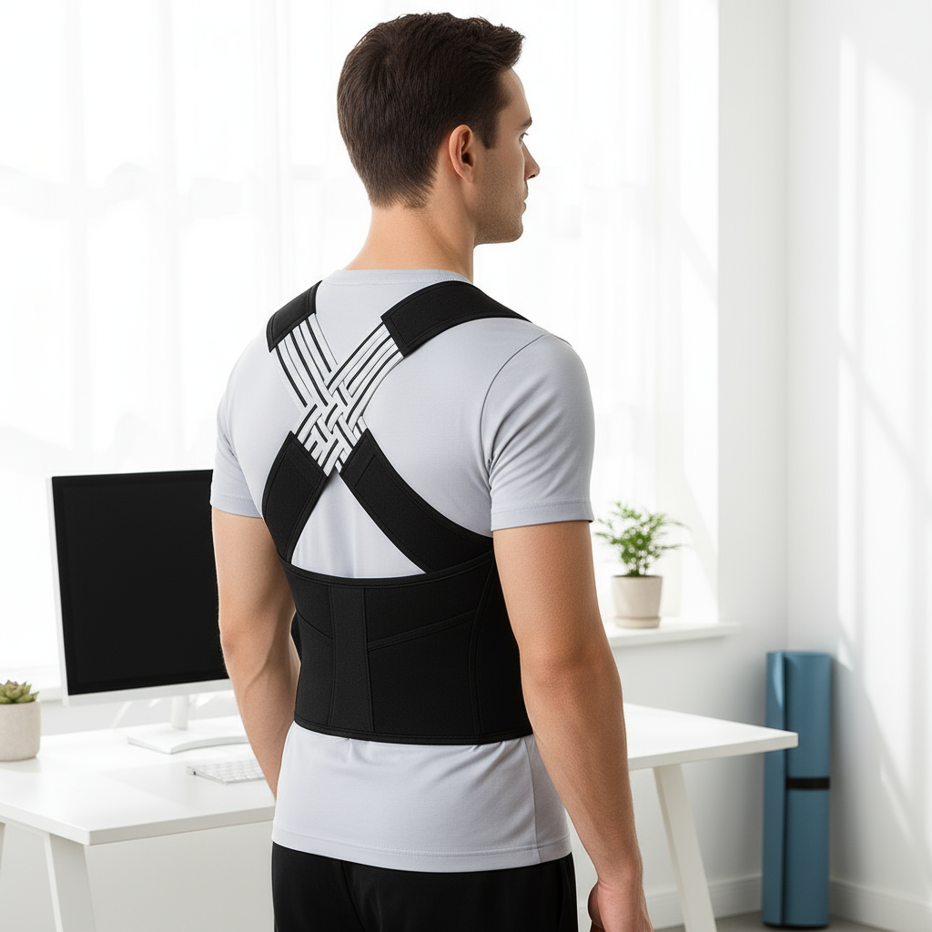 Posture corrector worn by model